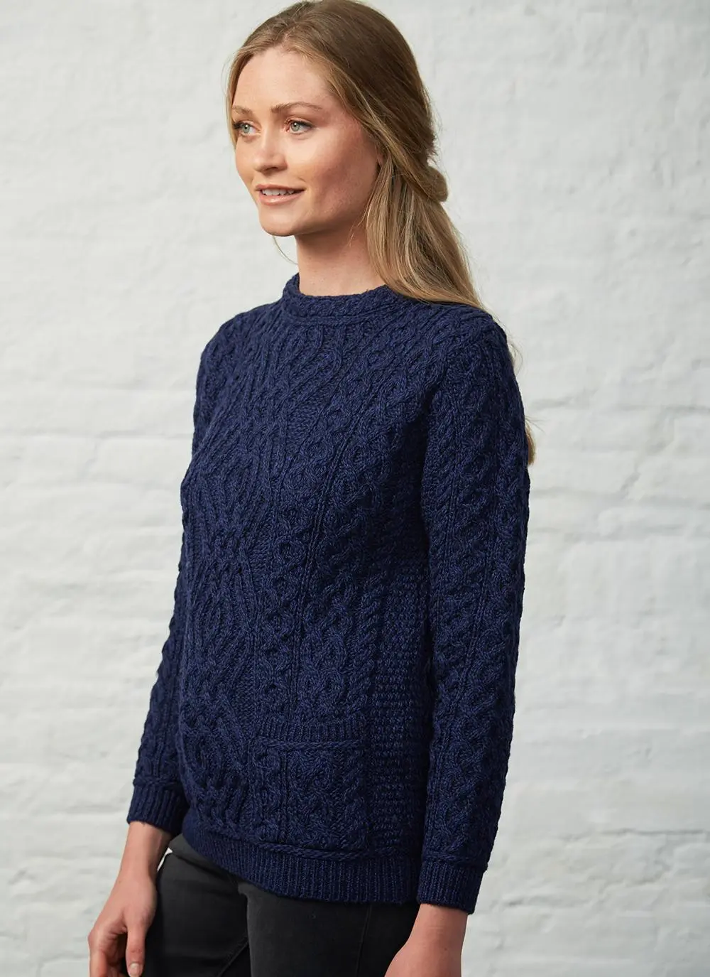 Aran Cable Crew Neck Sweater With Pockets