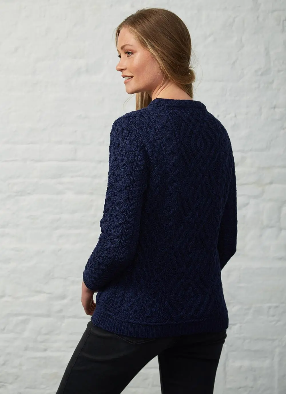 Aran Cable Crew Neck Sweater With Pockets