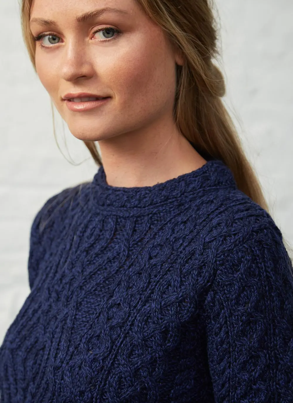 Aran Cable Crew Neck Sweater With Pockets
