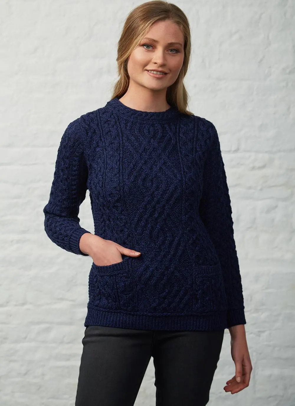 Aran Cable Crew Neck Sweater With Pockets