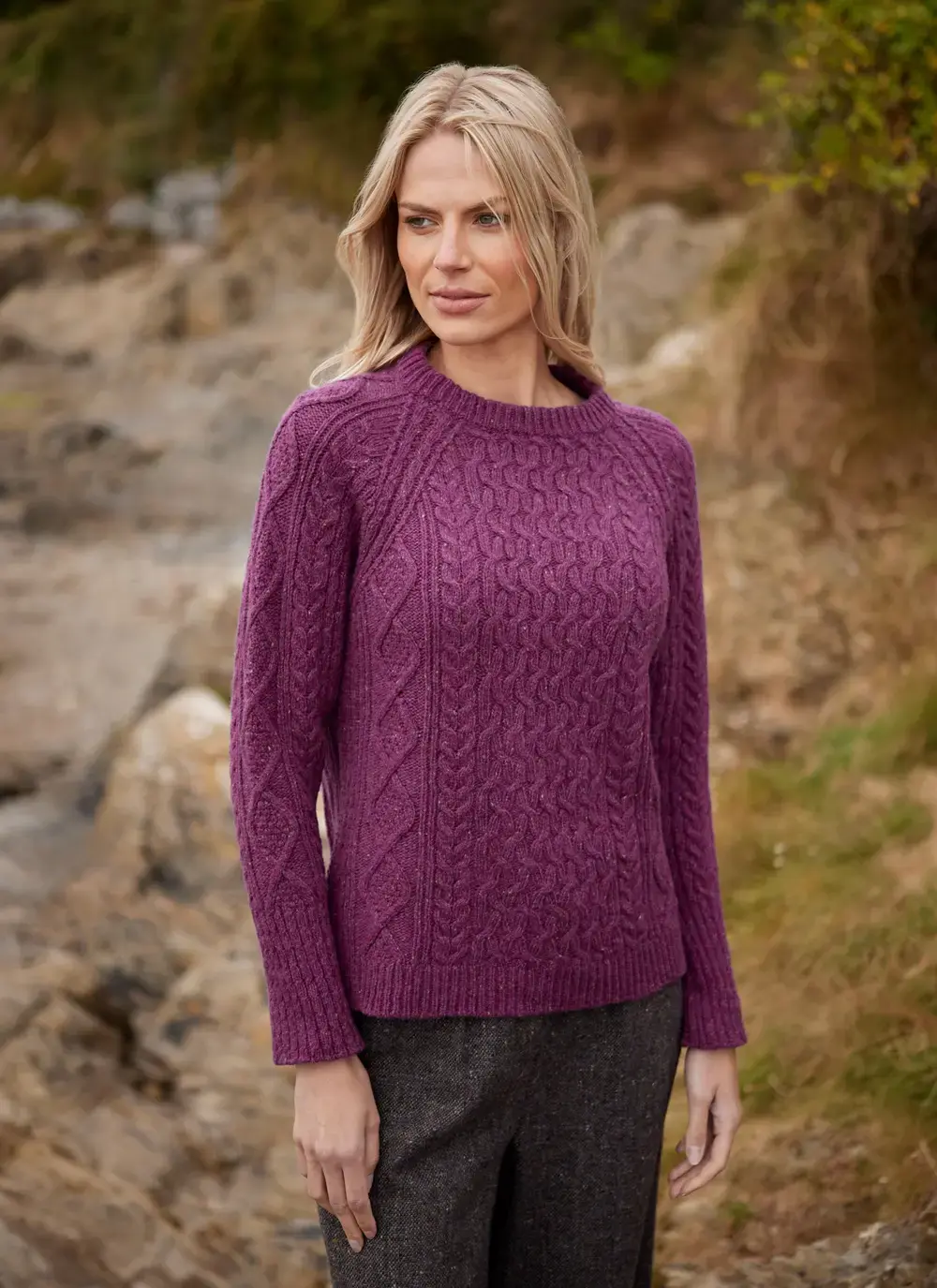 Niamh Wool Cashmere Cable Crew Neck Sweater in Berry