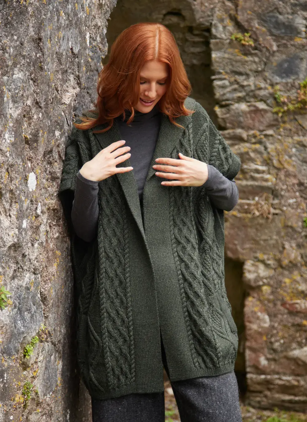Caragh Hooded Aran Poncho in Woodland