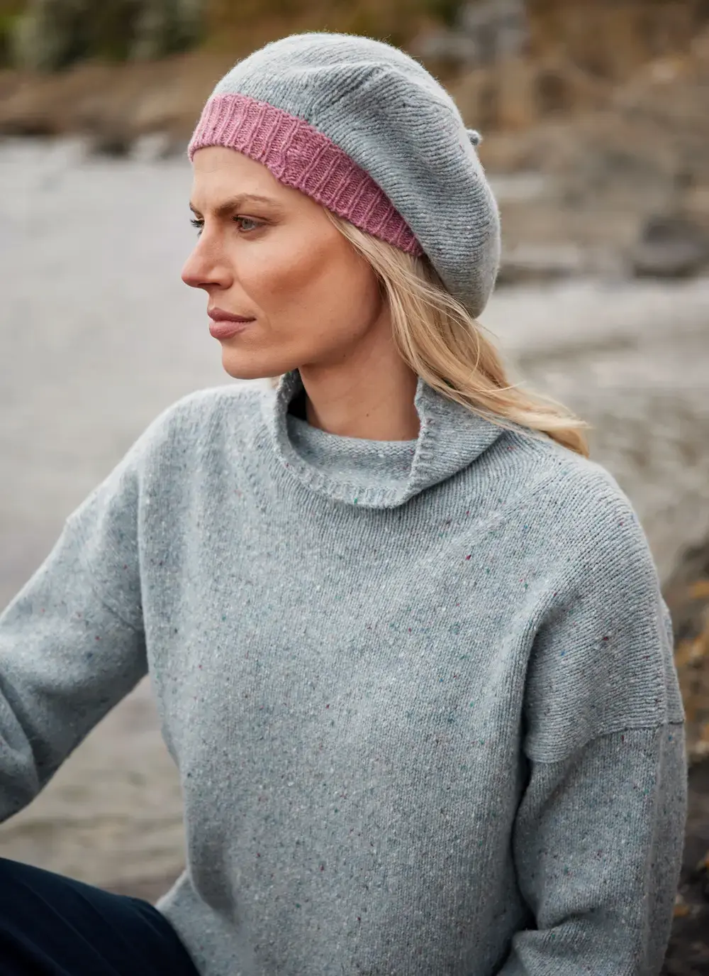 Wool Cashmere Beret with Contrast Rib