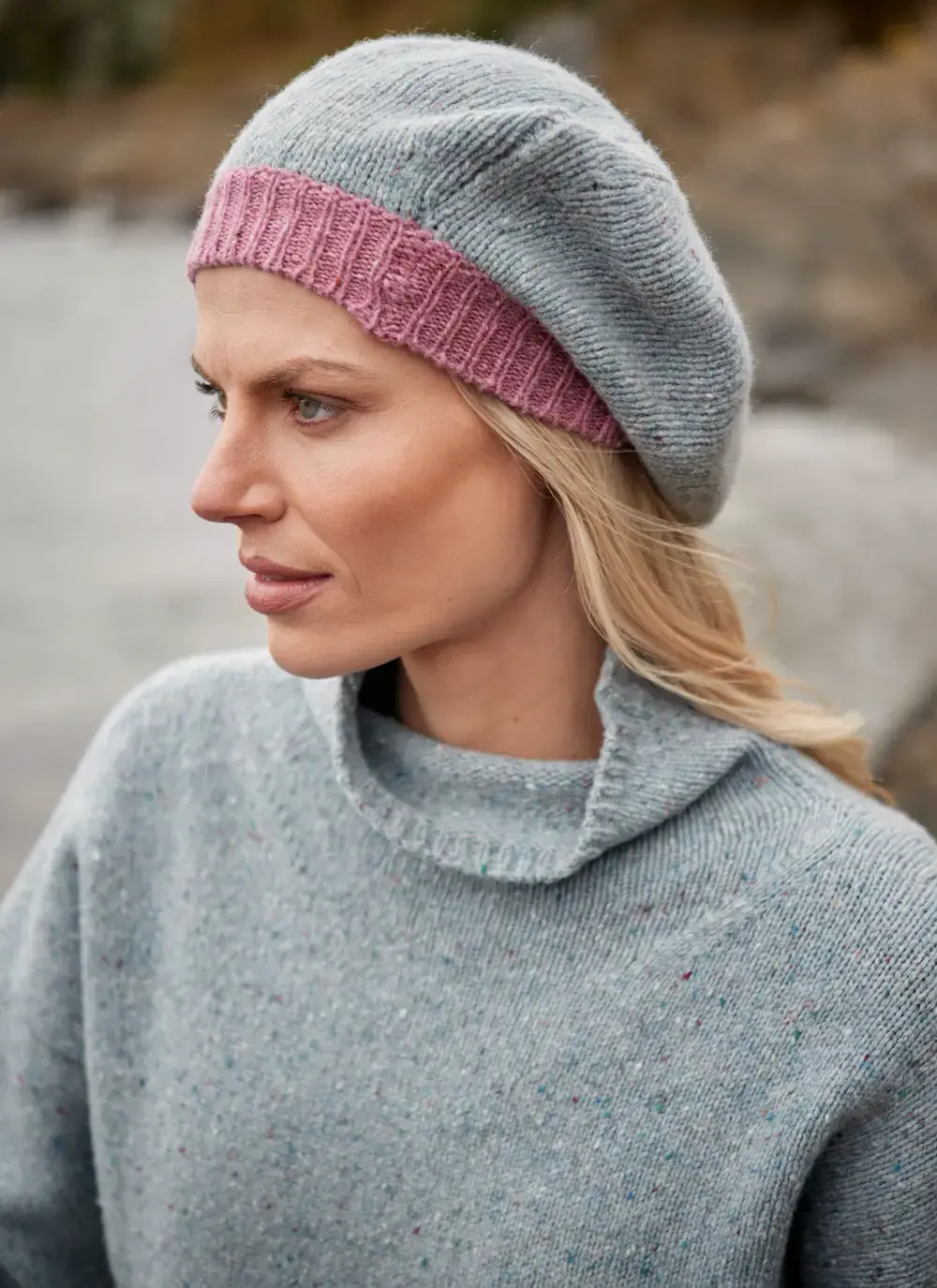 Wool Cashmere Beret with Contrast Rib