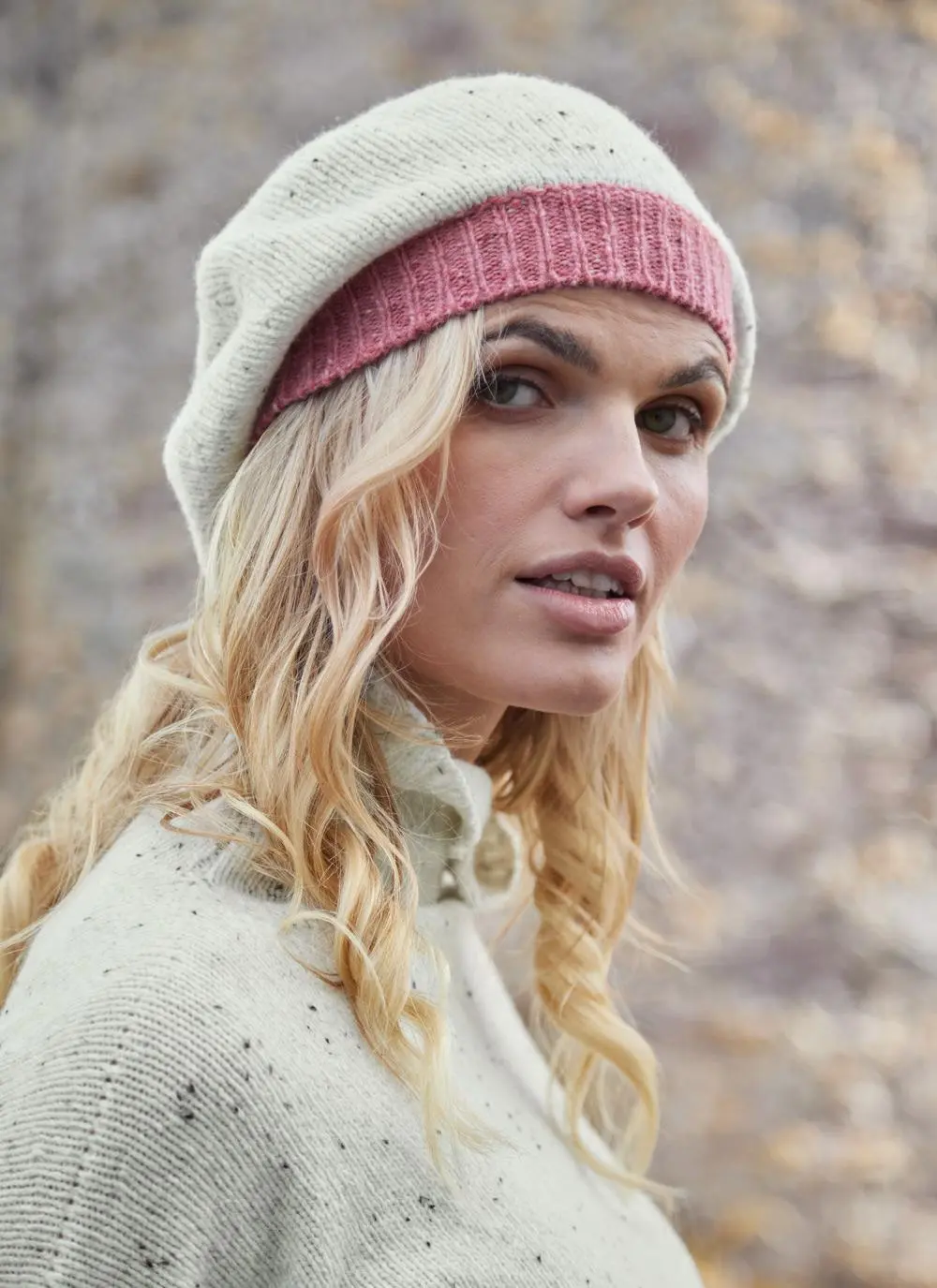 Wool Cashmere Beret with Contrast Rib