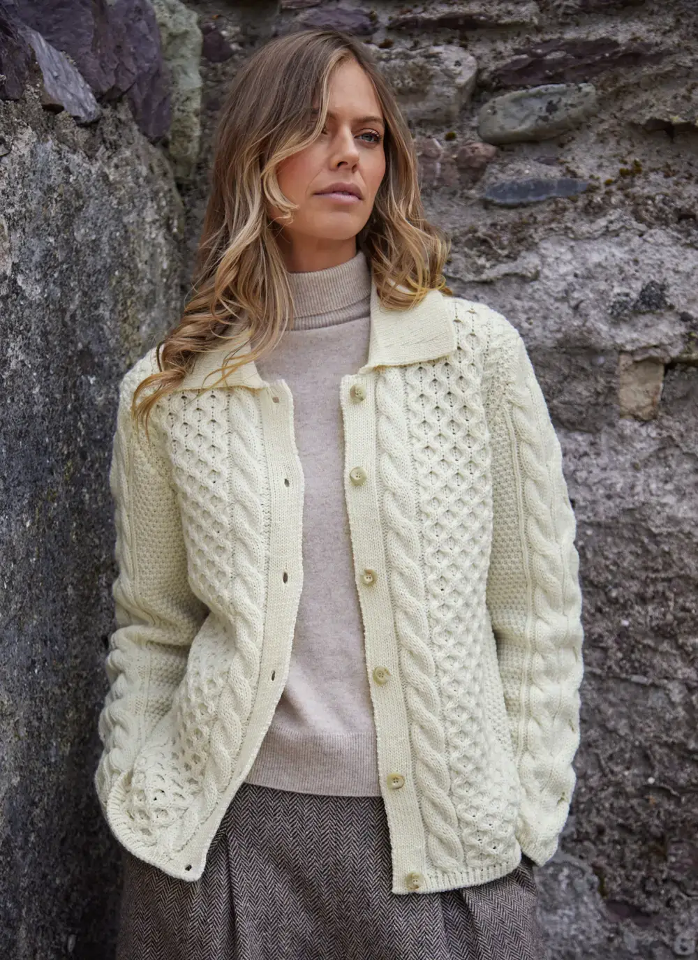 Saoirse Aran Collar Cardigan in Natural, merino wool with moss, cable, and honeycomb stitching.