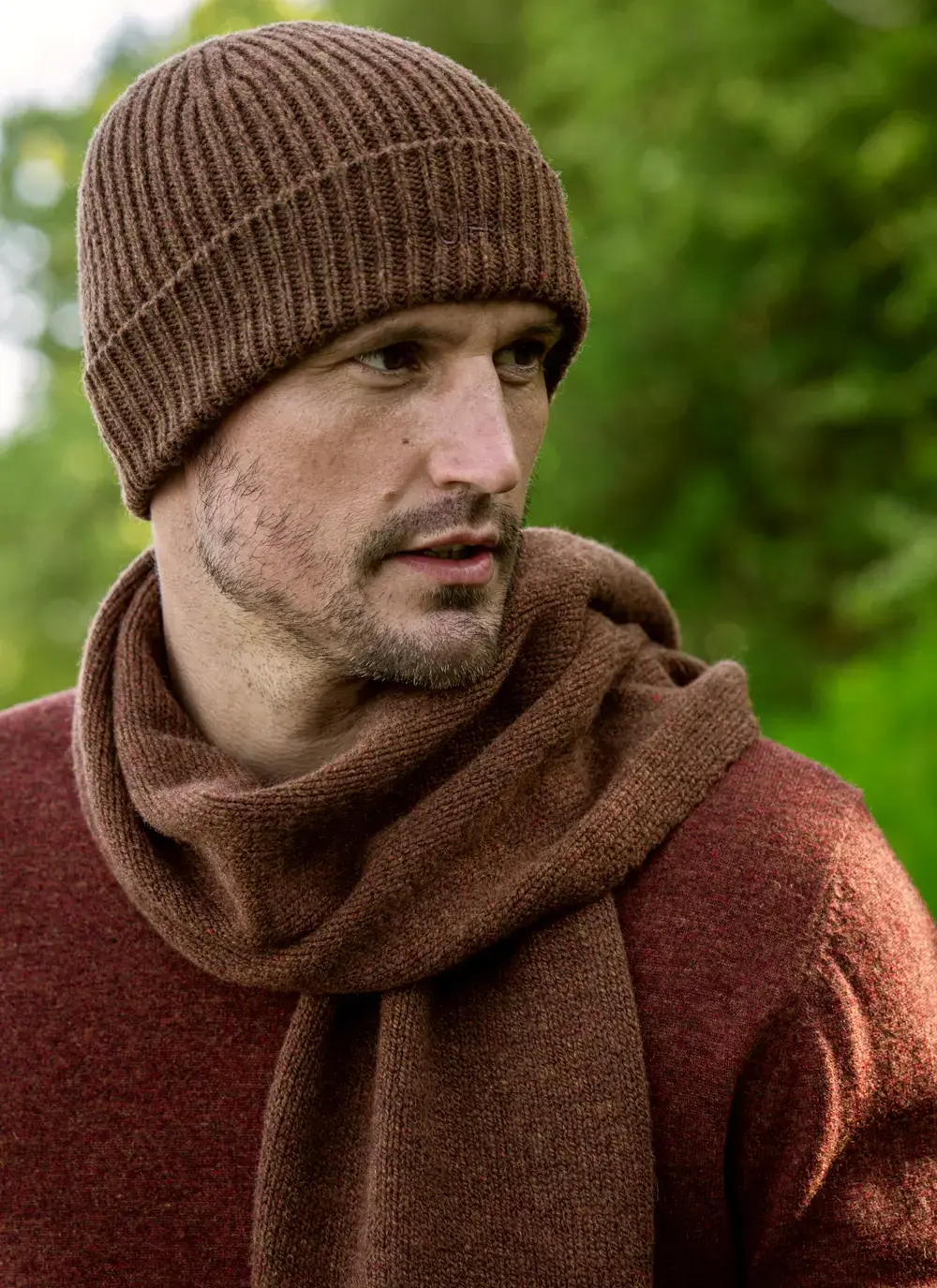 Personalized wool cashmere beanie in chestnut brown, ribbed knit style, made in Ireland, paired with matching scarf
