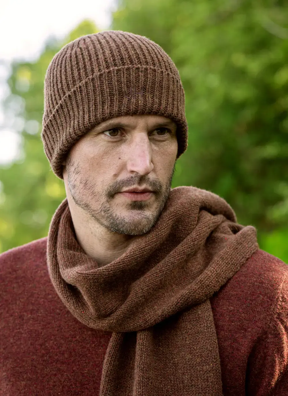 Personalized wool cashmere beanie in chestnut brown, ribbed knit style, made in Ireland, paired with matching scarf