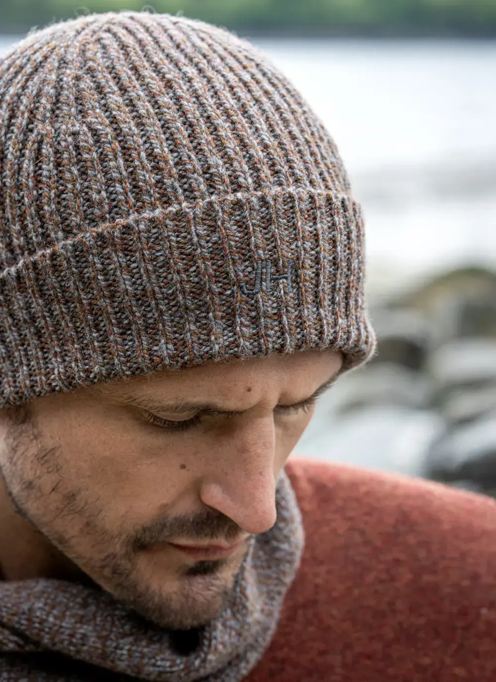 Personalized cashmere wool beanie in hazel brown, ribbed knit design, made in Ireland, worn with matching scarf