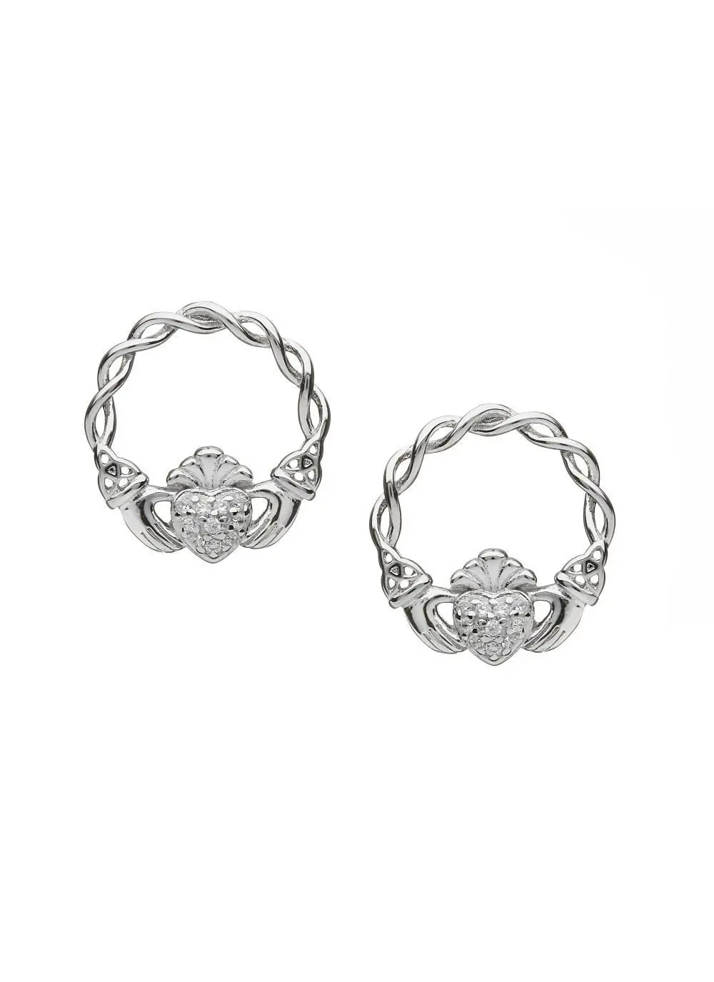 Sterling Silver Pave Set Claddagh Stud Earrings