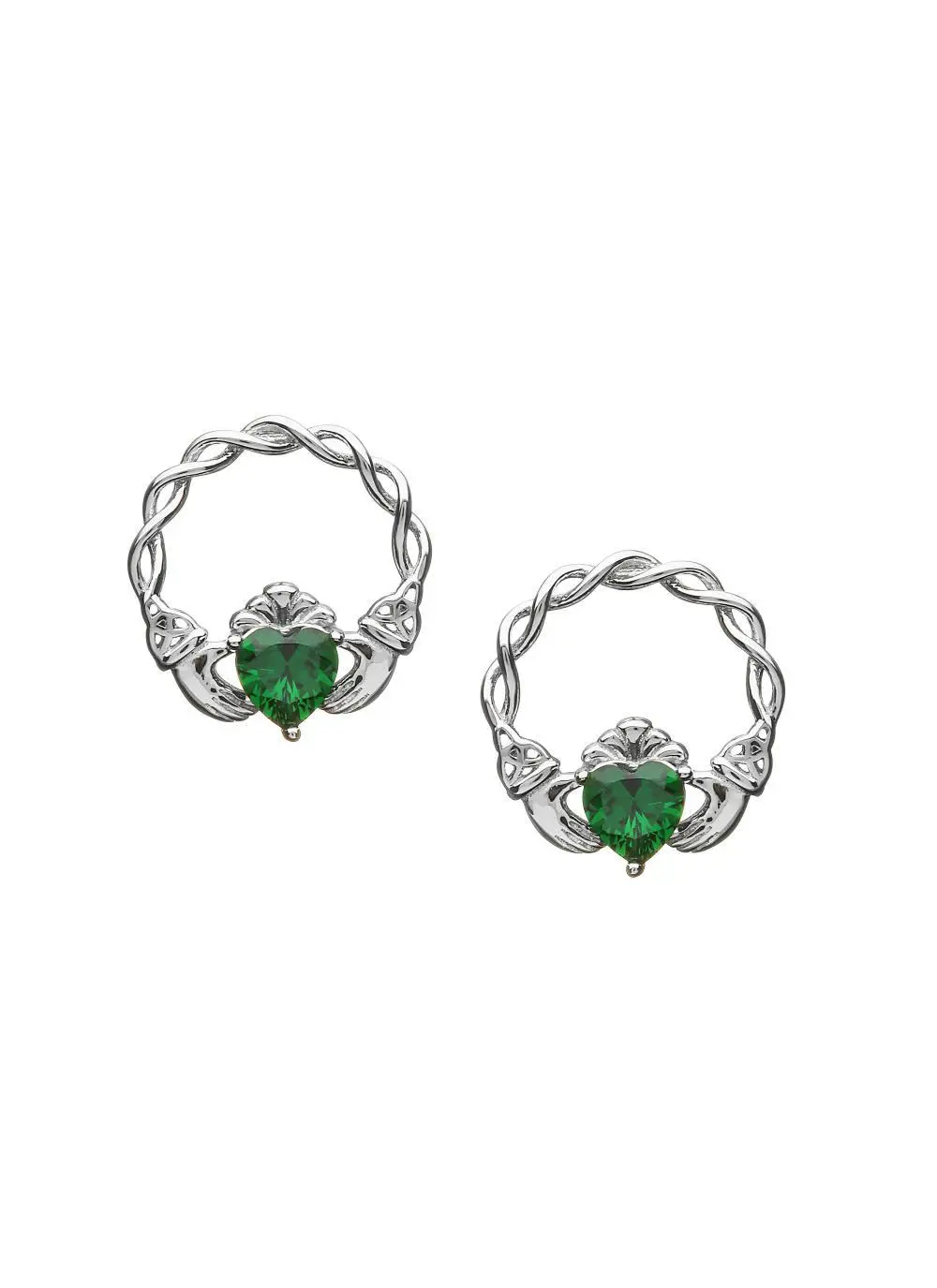 Sterling Silver Green Stone Claddagh Stud Earrings 