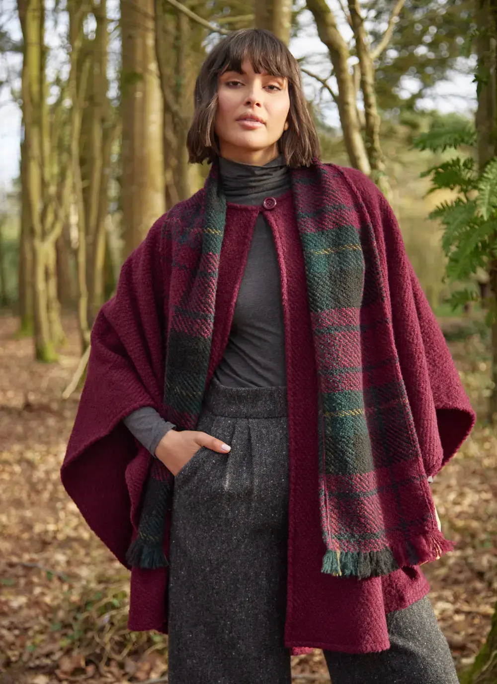 Ciara Wool Herringbone Cape with Scarf