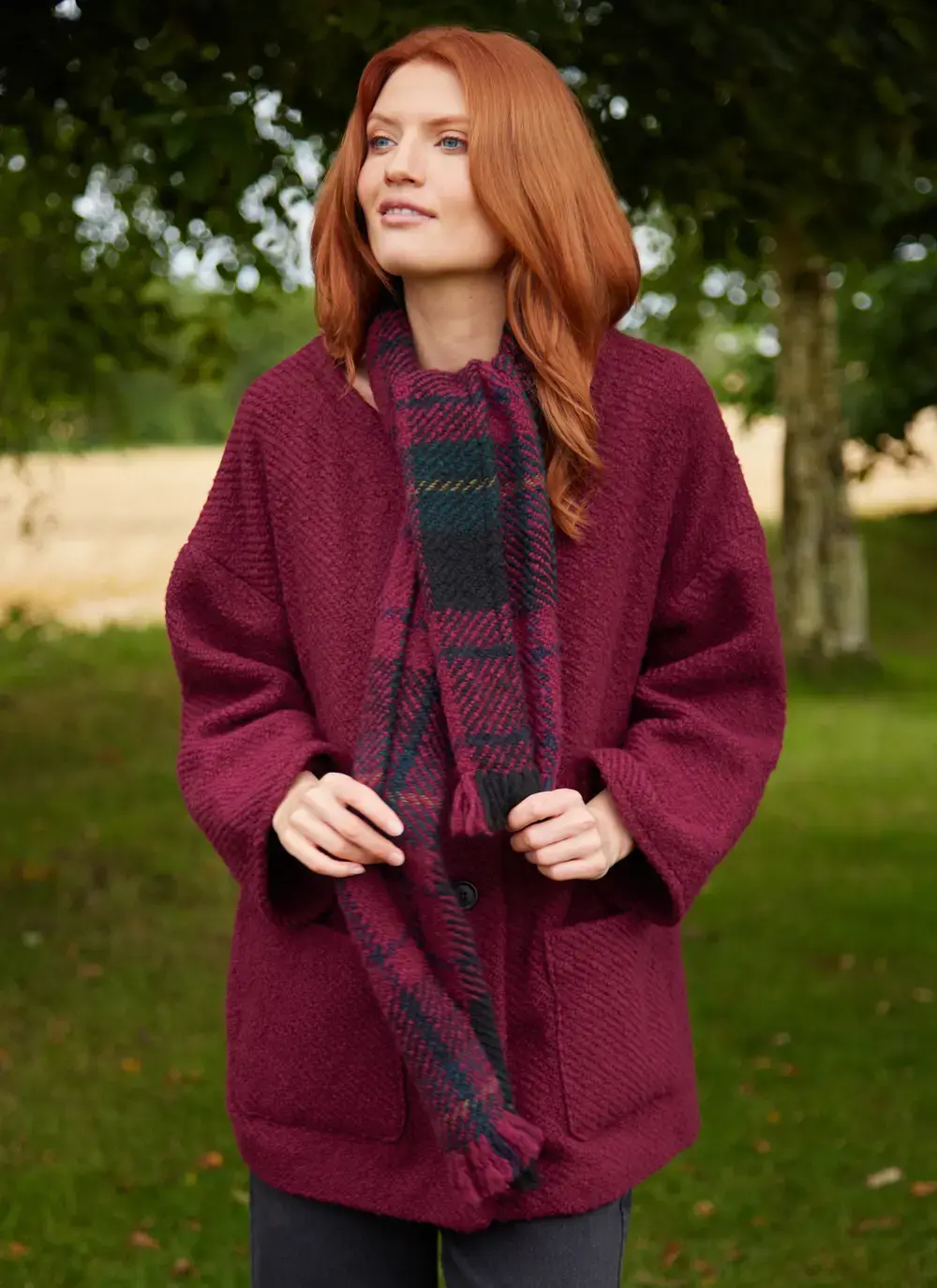 Freda Wool Herringbone Coatigan With Scarf in Wine 