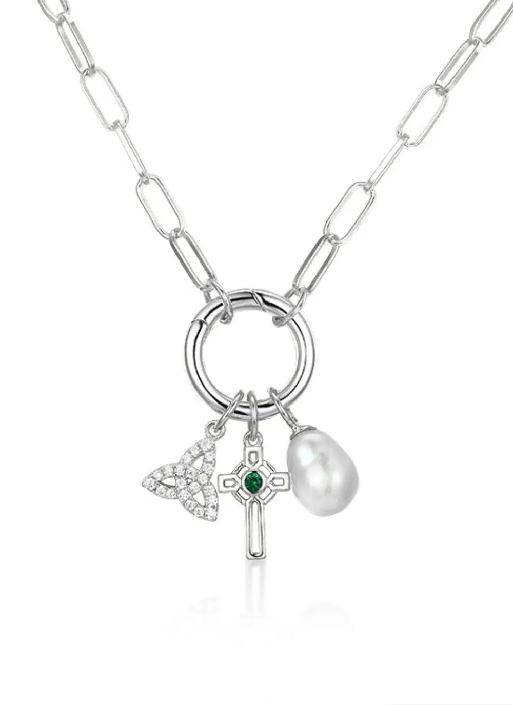 Rhodium Plated Sterling Silver Celtic Charm Pendant with Pearl
