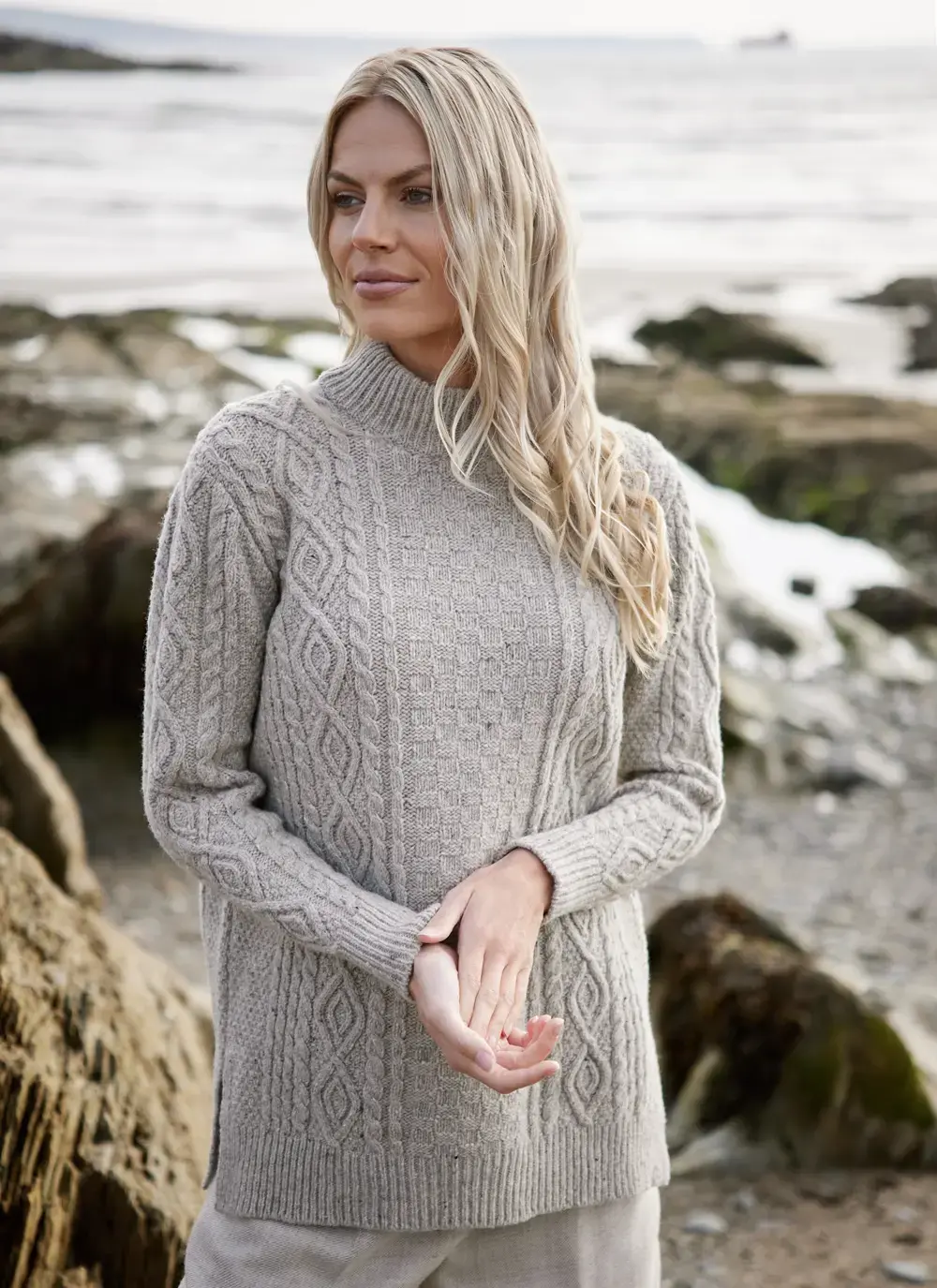 Grainne Wool Cashmere Turtle Neck Aran Sweater