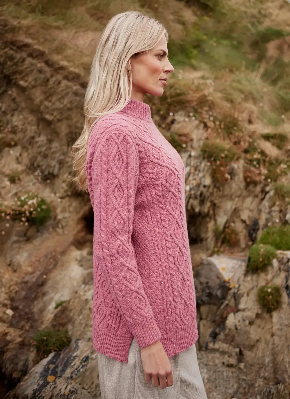 Grainne Wool Cashmere Turtle Neck Aran Sweater