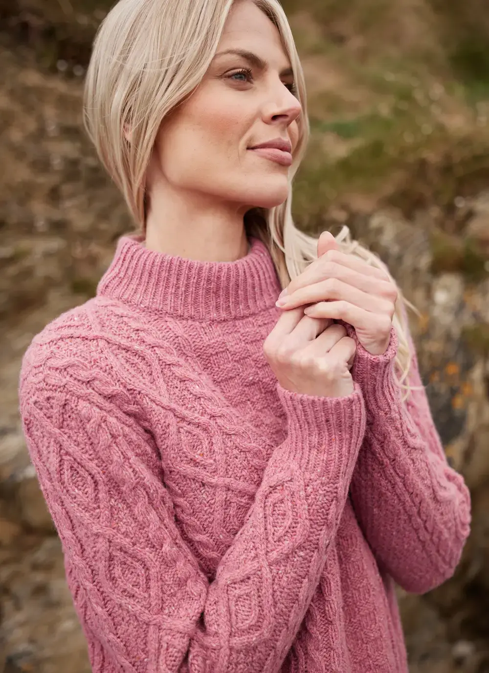 Grainne Wool Cashmere Turtle Neck Aran Sweater