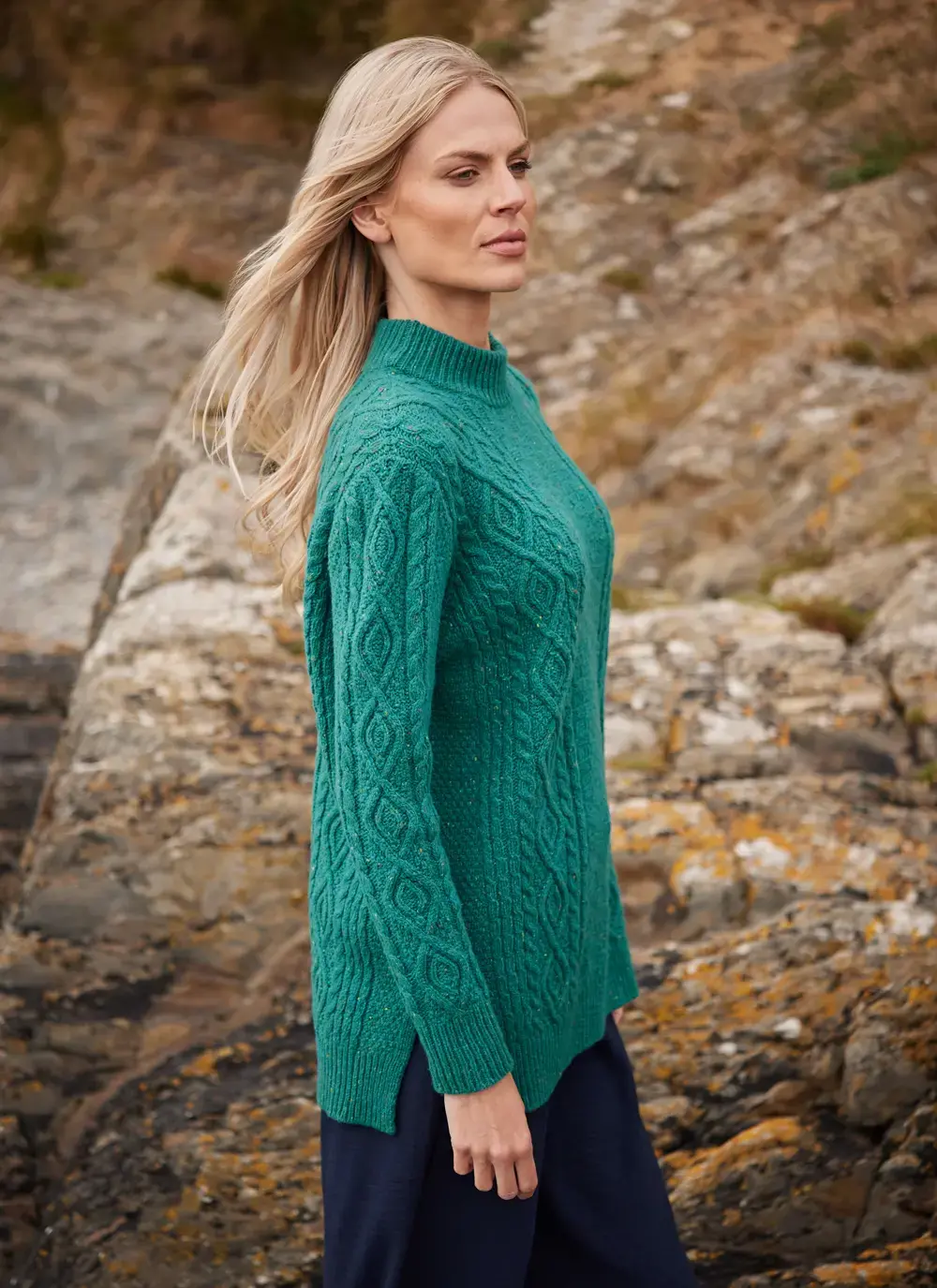 Grainne Wool Cashmere Turtle Neck Aran Sweater
