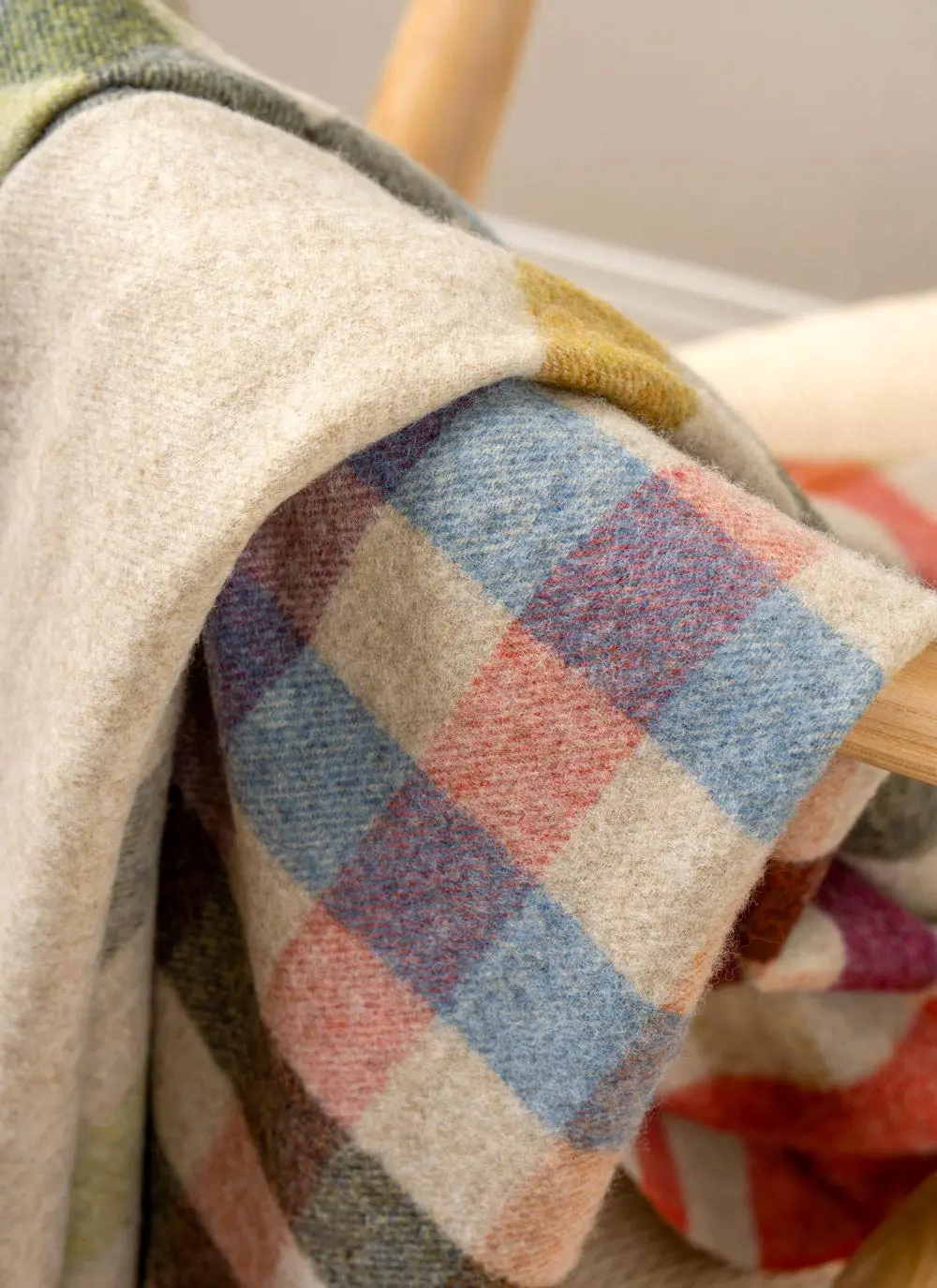 Beige & Coral Check Merino Wool Throw