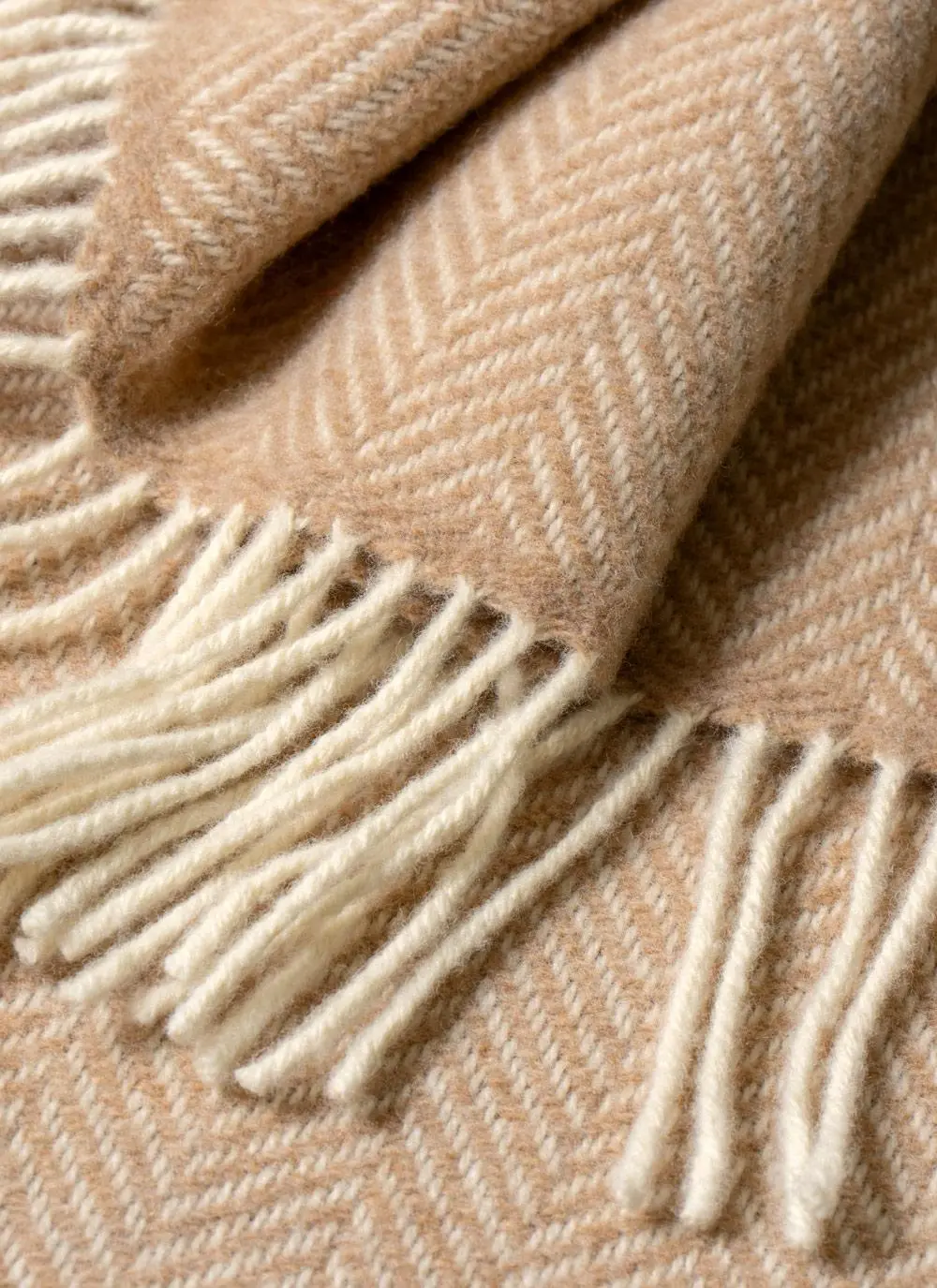 Beige Herringbone Wool Cashmere Throw
