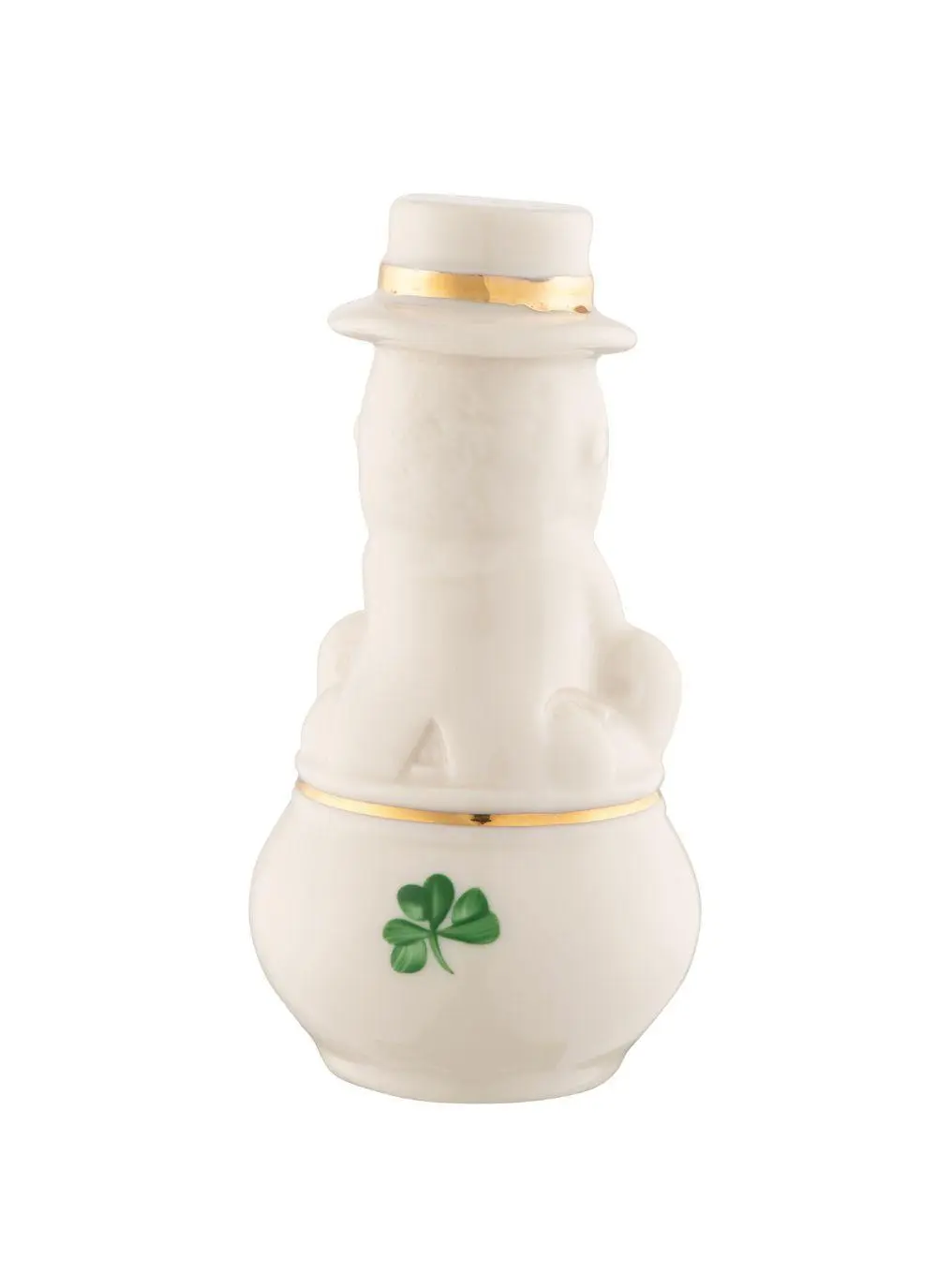 Ceramic figurine of a leprechaun, shown from the back, featuring a white body with a golden-trimmed top hat and a green four-leaf clover on the bottom section. the background is plain white.
