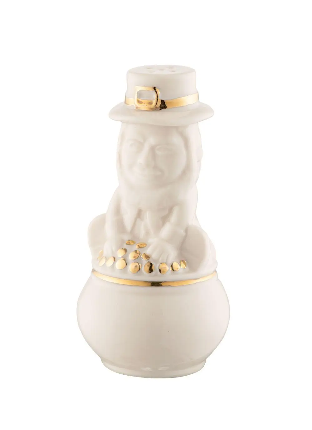 A ceramic leprechaun sitting atop a pot of gold, wearing a white hat with a gold band, isolated on a white background.