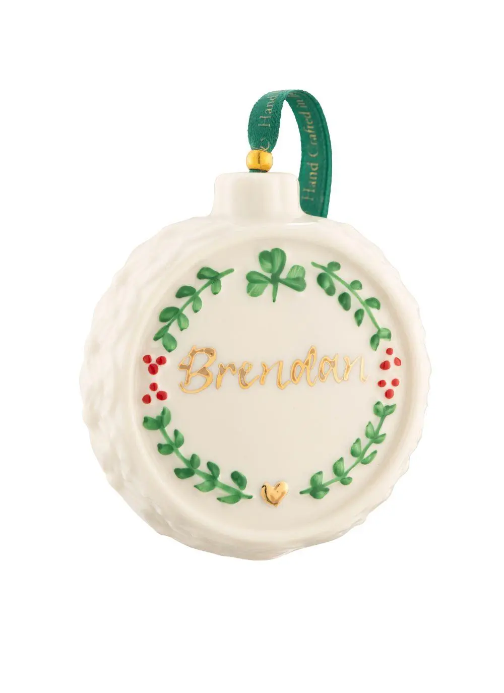 A personalized christmas ornament featuring a white circular design with green leafy wreath and the name 