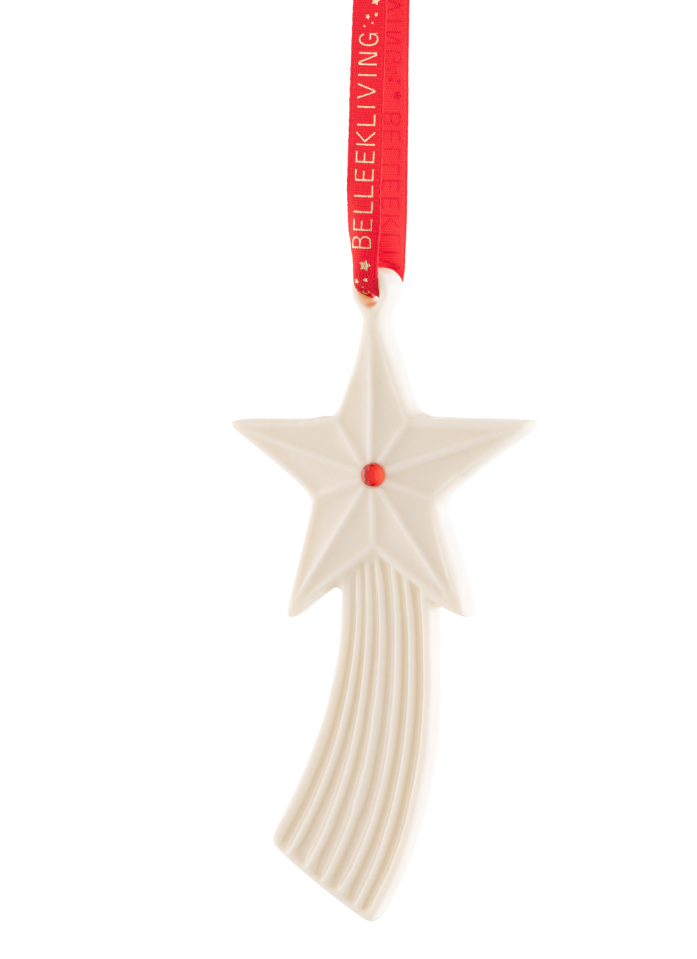 Shooting star with red gem in the centre, held by red ribbon