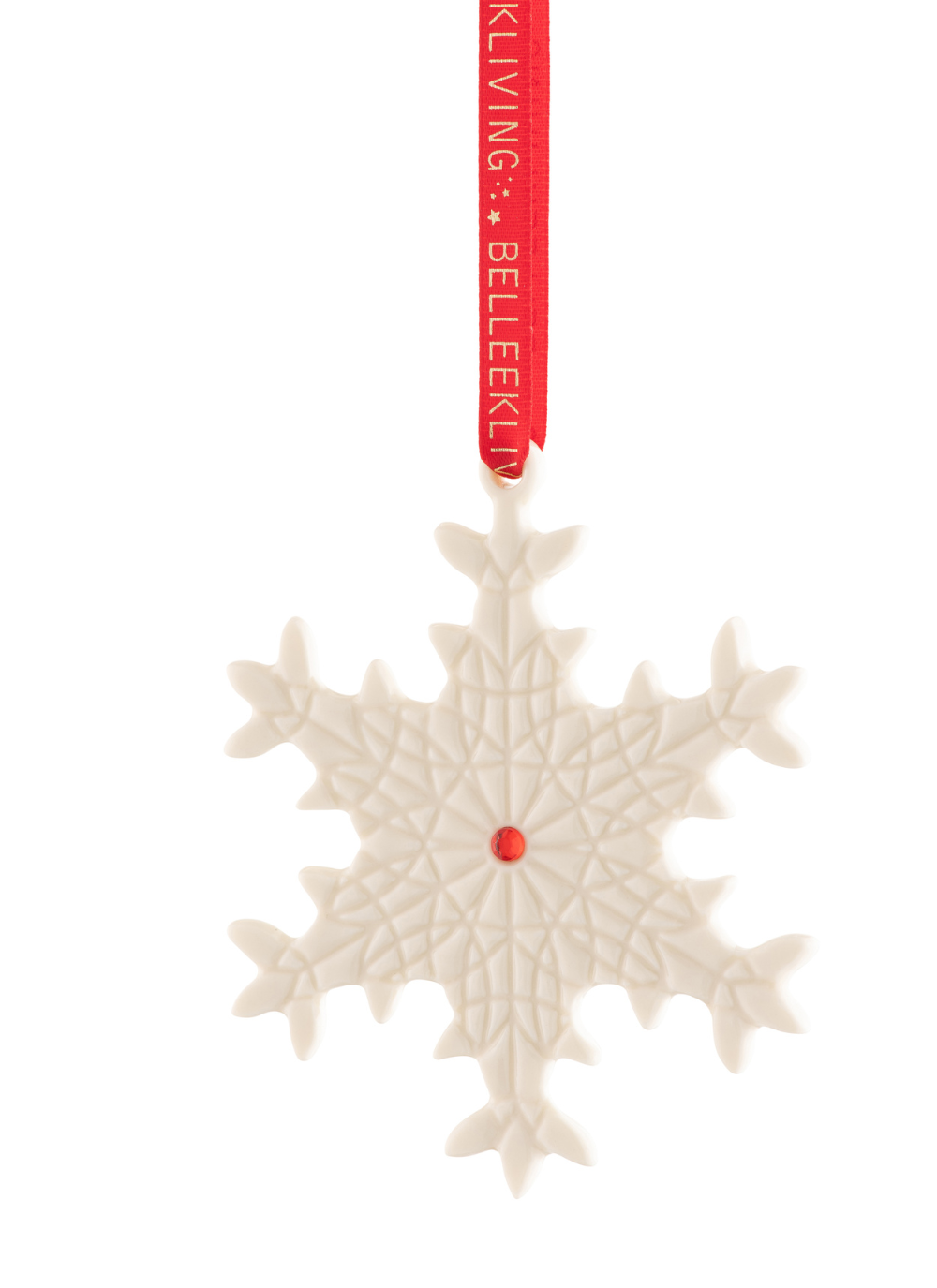 Snowflake ornament with gem in center with red ribbon 