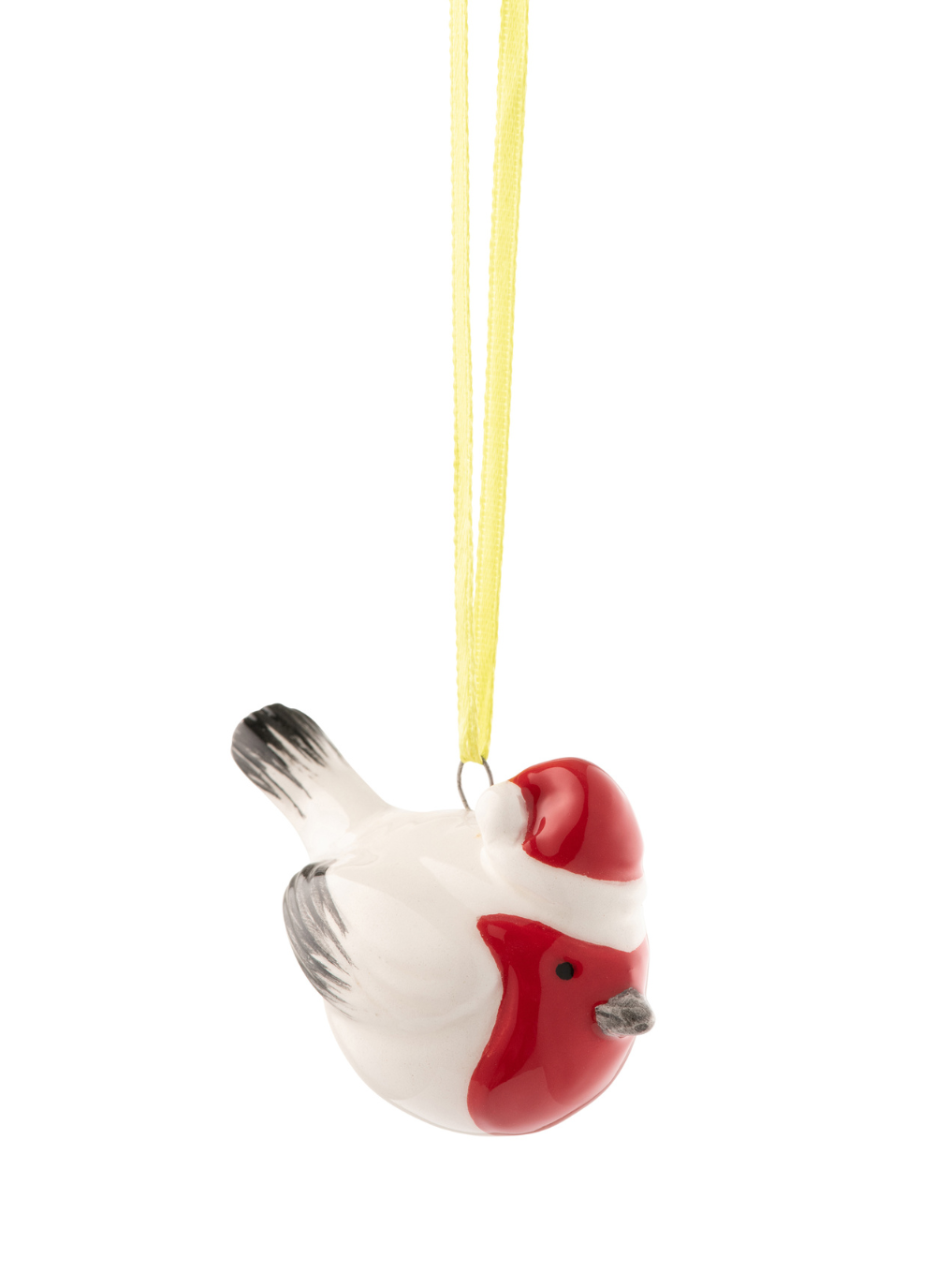 Robin ornament wearing a red santa hat