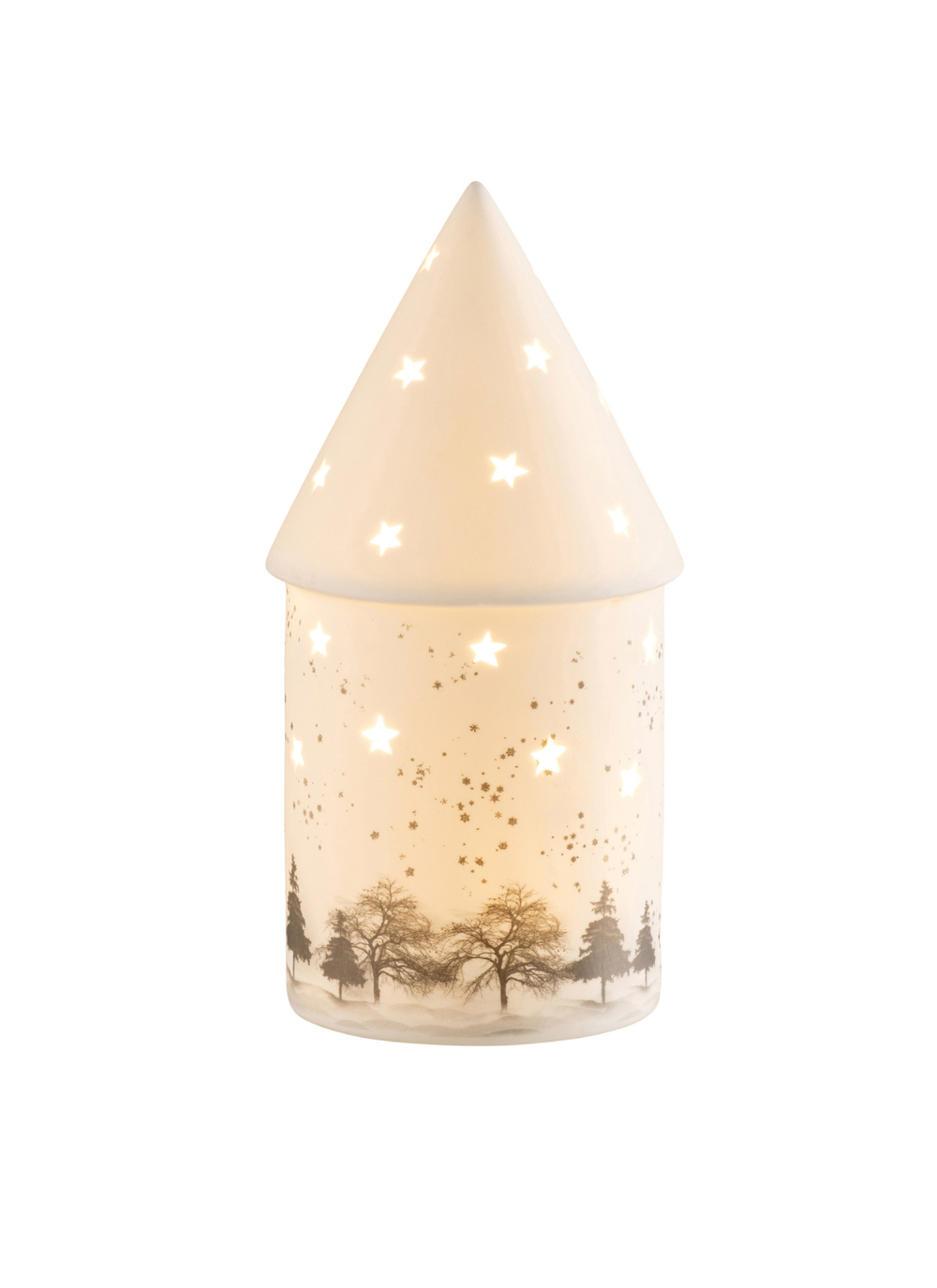 winter scene with trees and stars on a luminaire