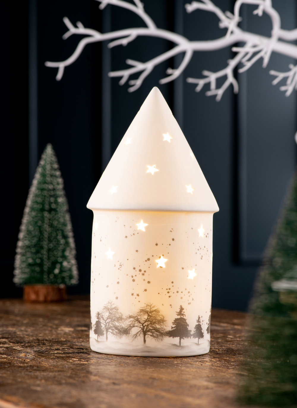winter scene with trees and stars on a luminaire