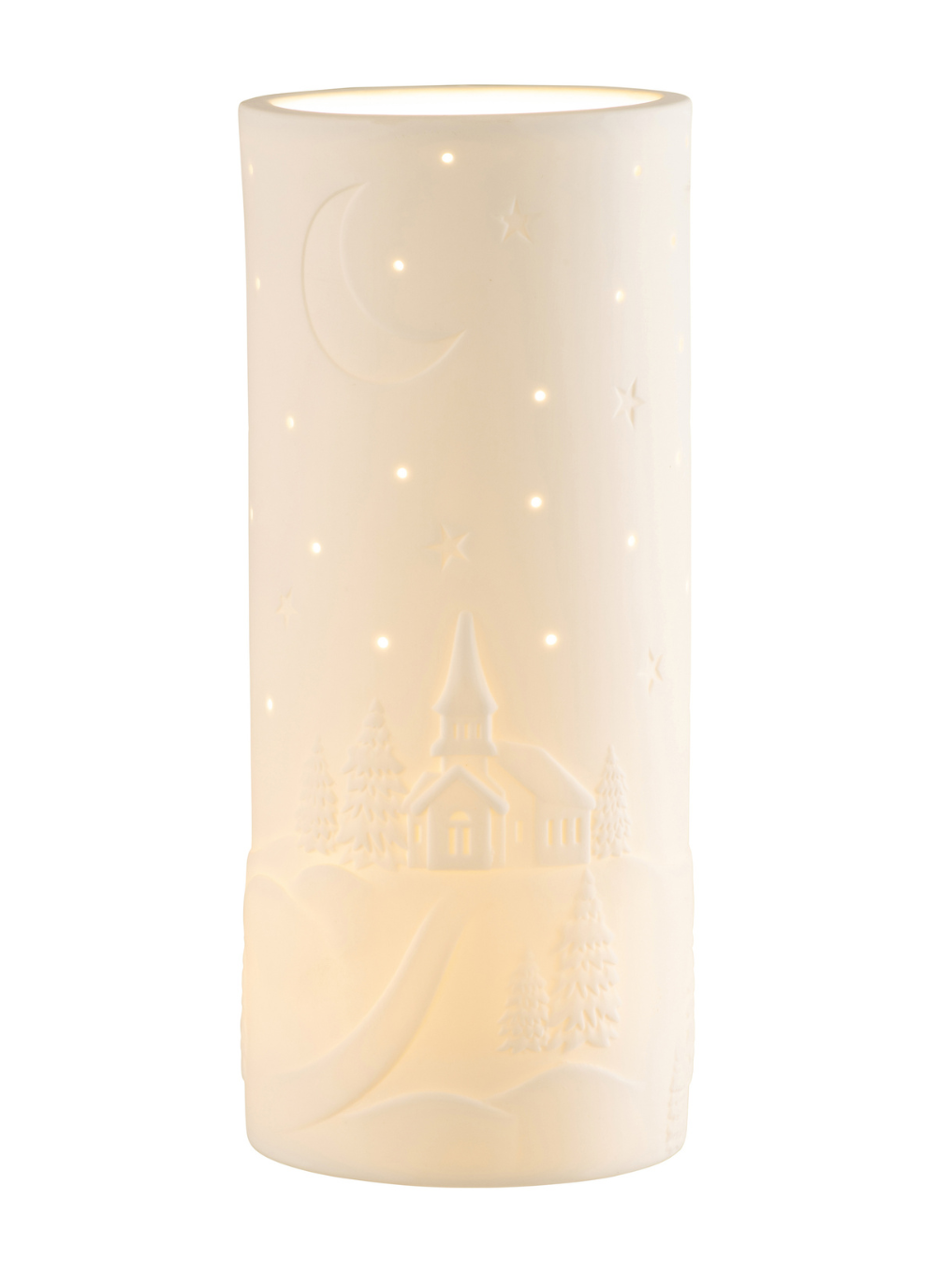 A church, moon and stars depicted on a luminaire