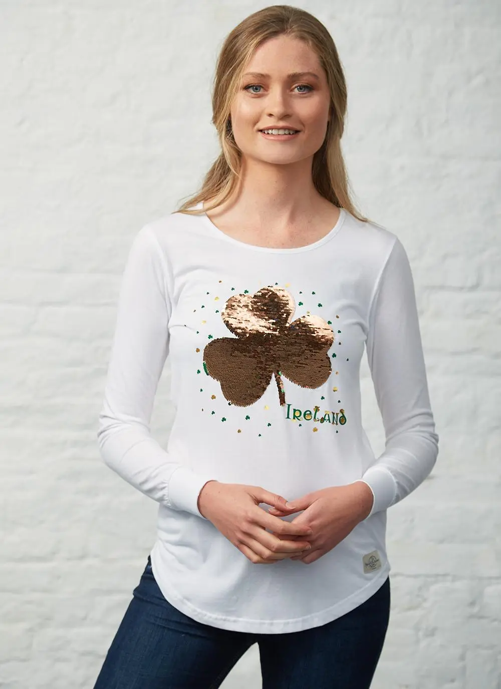 Ladies Shamrock Sequin Long Sleeve T-Shirt
