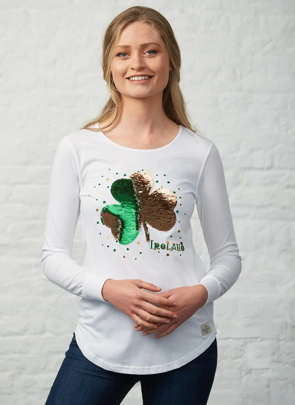Ladies Shamrock Sequin Long Sleeve T-Shirt