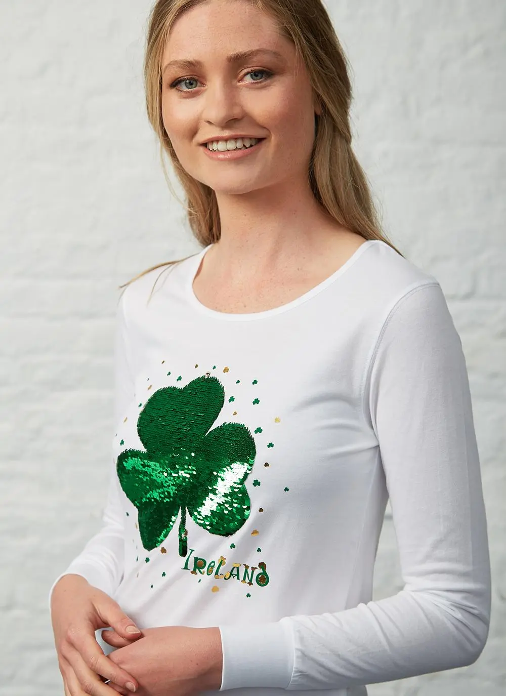Ladies Shamrock Sequin Long Sleeve T-Shirt
