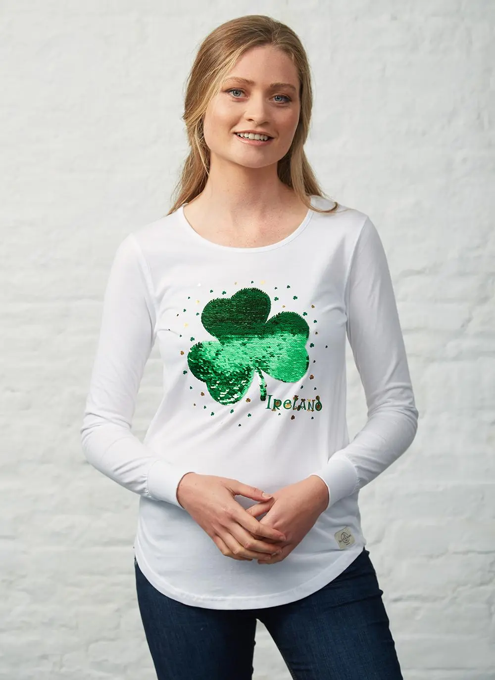 Ladies Shamrock Sequin Long Sleeve T-Shirt