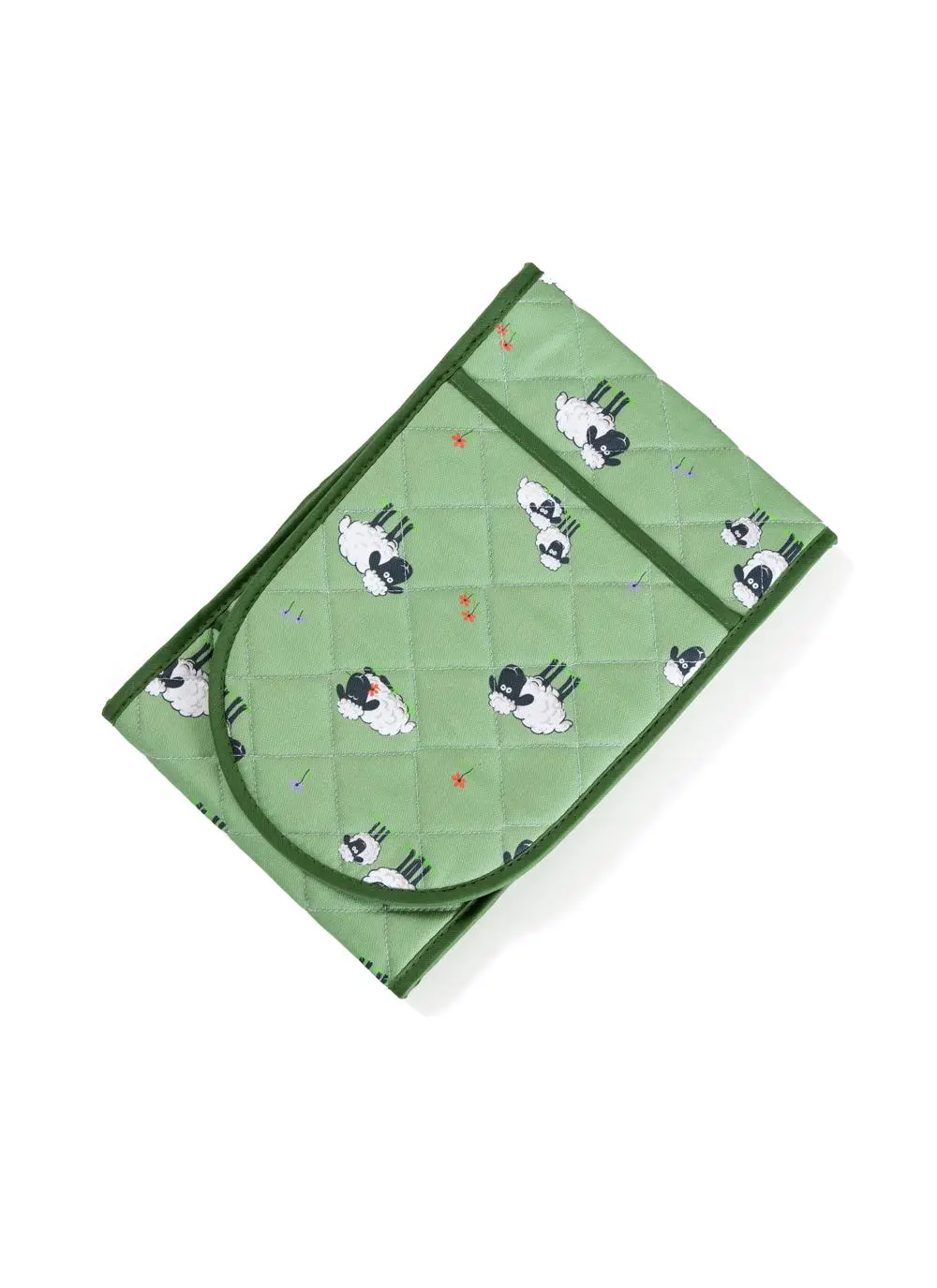 green oven glove with sheep motif on white background