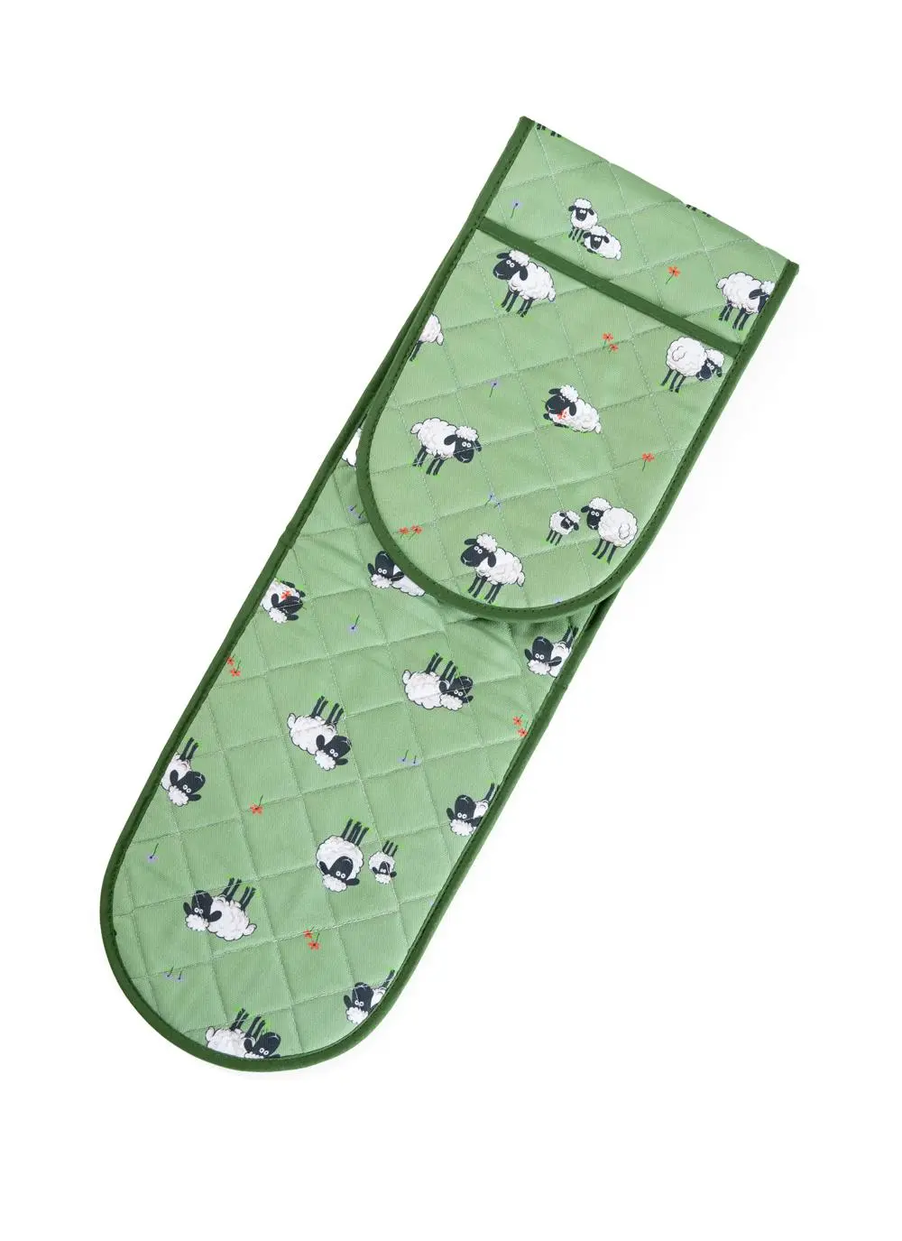 green oven glove with sheep motif on white background