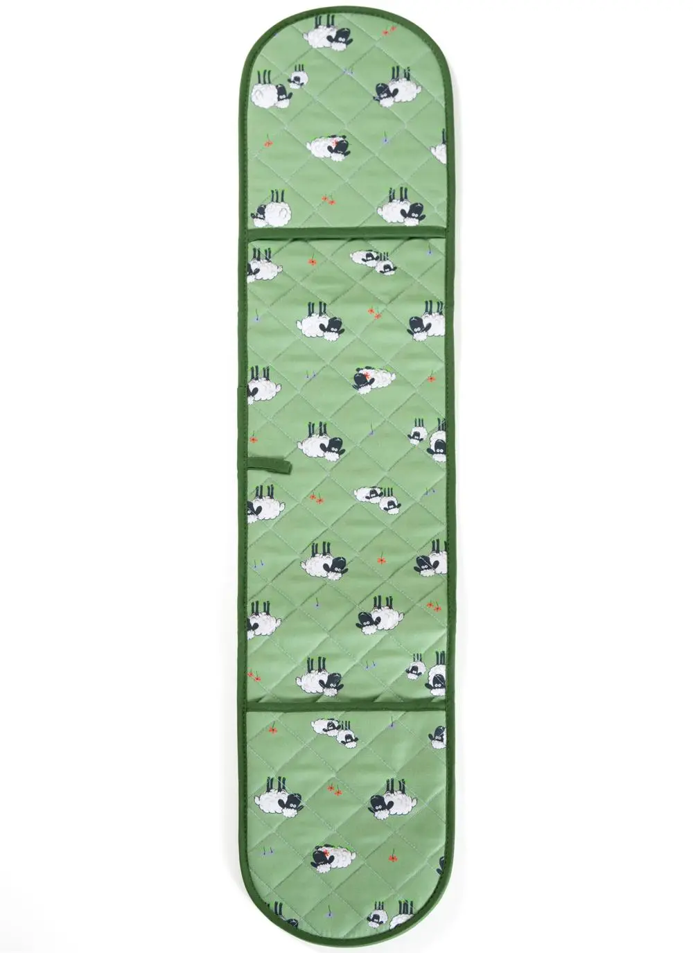 green oven glove with sheep motif on white background