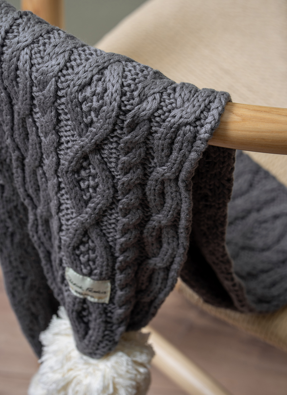 Chunky Aran Knit Pom Pom Scarf in Grey/Cream 