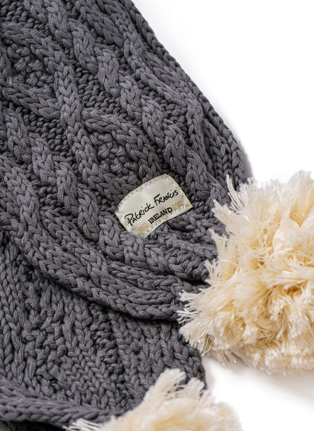 Chunky Aran Knit Pom Pom Scarf in Grey/Cream 