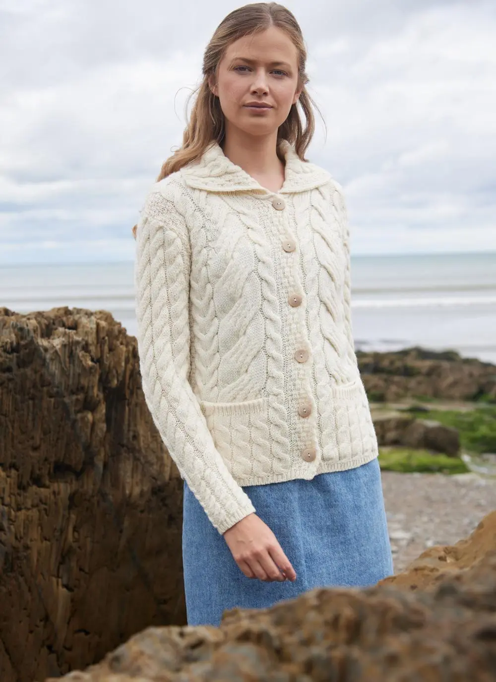 Super Soft Merino Wool Cable Cardigan in Natural