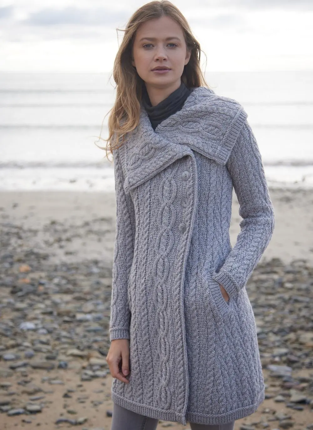 Deirdre Aran Oversized Collar Coatigan in Soft Grey | Blarney