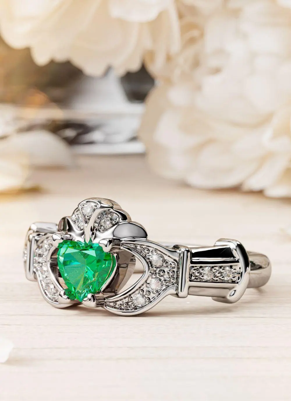 14ct White Gold Diamond & Emerald Stackable Claddagh Engagement Ring