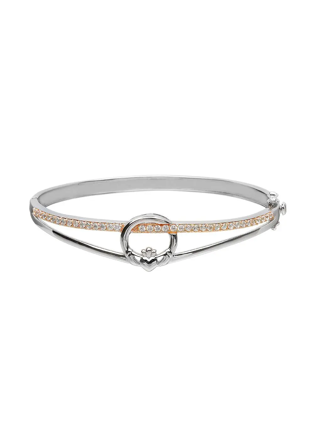 Sterling Silver & Rare Irish Rose Gold Claddagh Bangle with Cubic Zirconia
