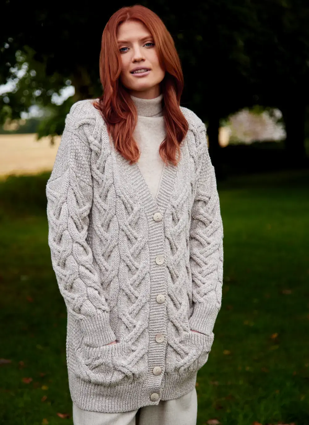 Supersoft Merino Wool Aran Cable and Moss Boyfriend V Neck Cardigan in Toasted Oat