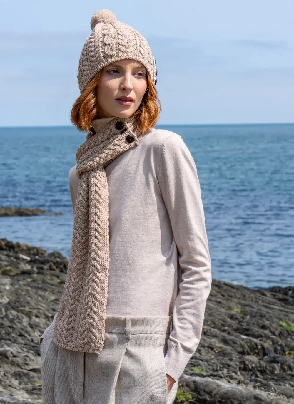 Merino Aran Button Pom Pom Hat