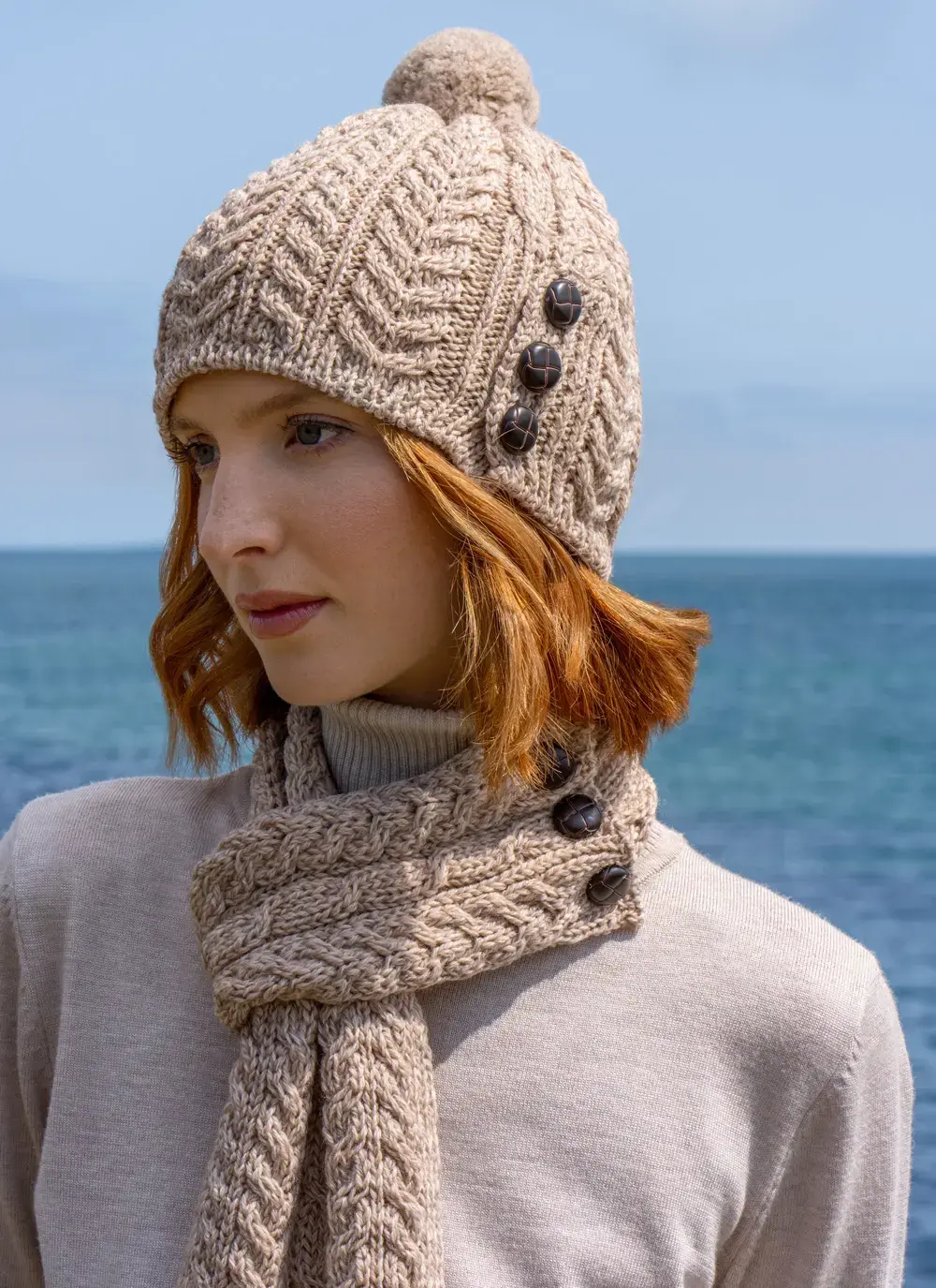 Merino Aran Button Pom Pom Hat