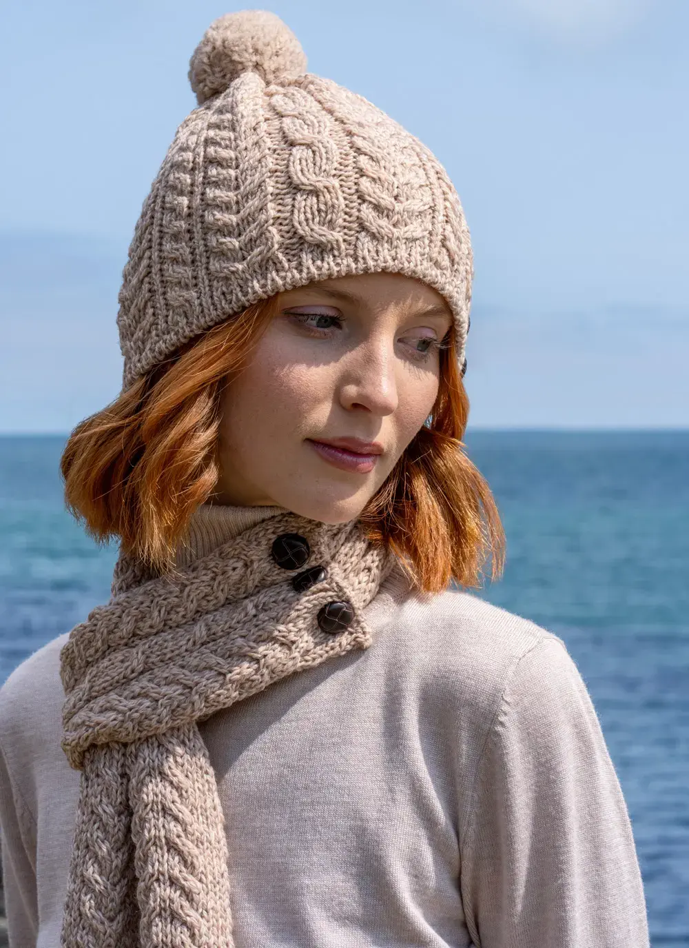 Merino Aran Button Pom Pom Hat